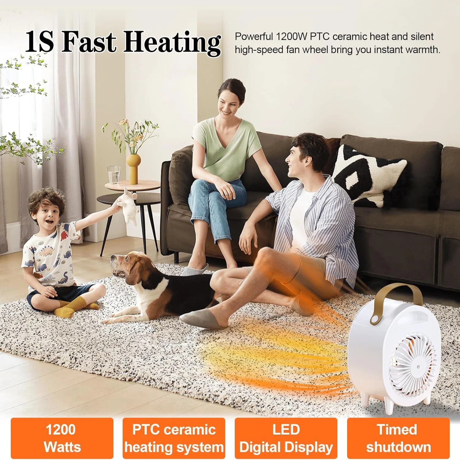 Portable Space Heater，1200W Small  Heaters，LED Digital Display with Timer Off ， Ceramic Heating System，Tip-Over/Overheat