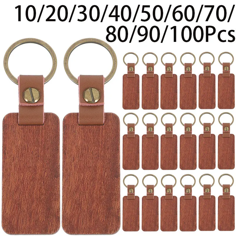 10-100Pcs Rosewood Keychain Leather Wood Keychains Blank Rectangular Keyrings Pendant Gifts