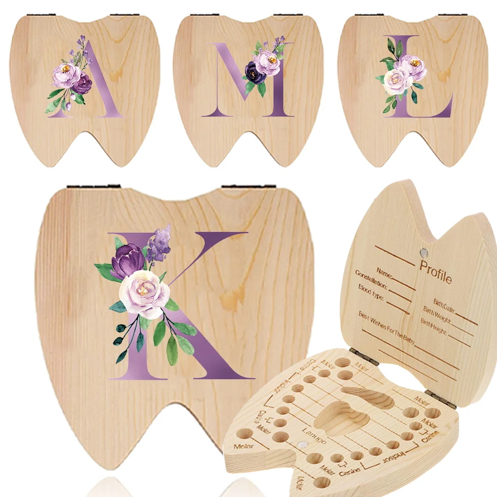 Baby Deciduous Tooth Wooden Memorial Case Kid Teeth Organizer Portable Tooth Saver Infant Teeth Holder Purple Letter Pattern