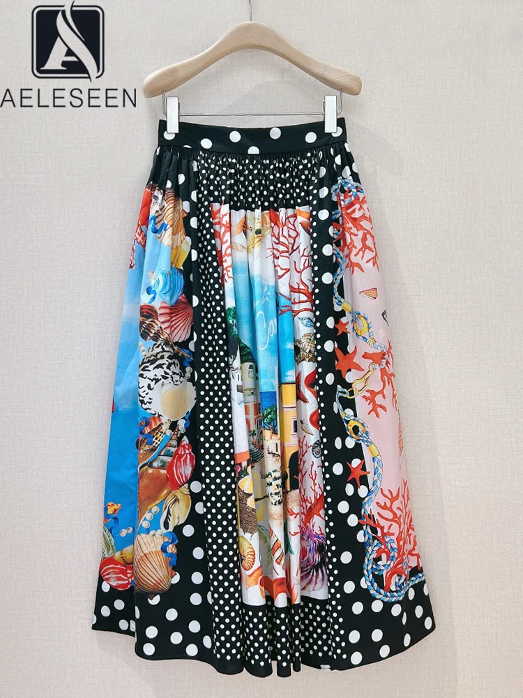 

AELESEEN High Quality 100% Cotton Skirt Women Sicilian Designer Fashion Dots Shell Conch Print Long Party Skirt Poplin Beach