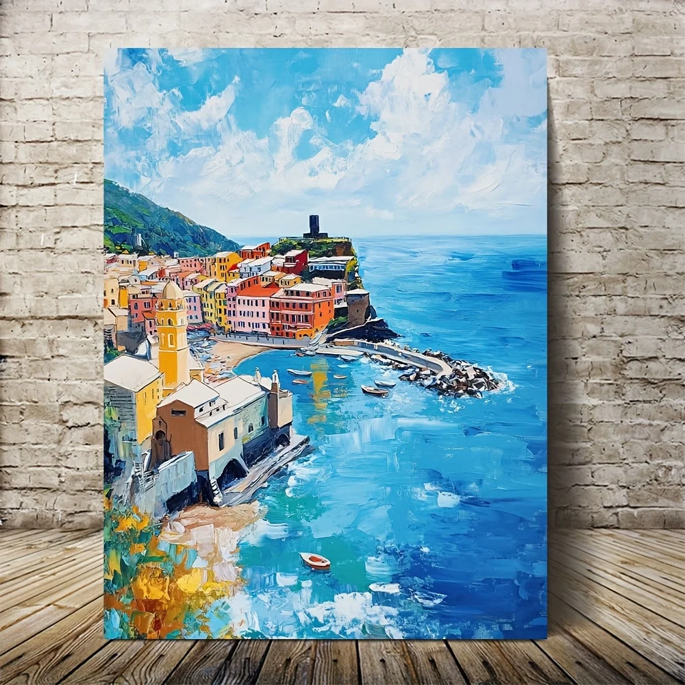 Peinture côtière italienne - Décoration murale Vernazza Cinque Terre avec la tour Arboramm, toile prête à accrocher pour le salon, Anniv
