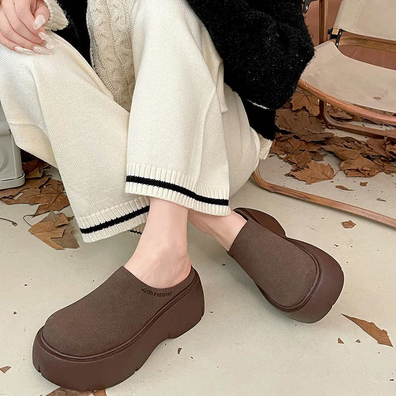 

Women Platform Half Slippers Woman Retro Suede Warm Shoes Autumn New Outdoor Design Thick-bottom Increase Cotton Slippers