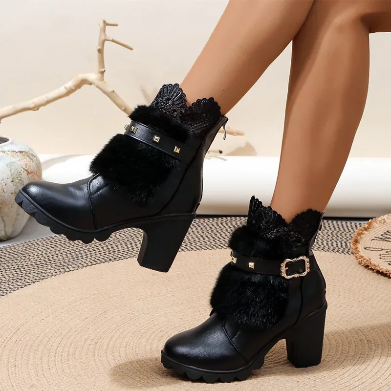 Chunky High Heel Ankle Boots Women Plush Belt Buckle Splicing Design Boots for Women PU Leather Winter Warm Shoes Botas Mujer