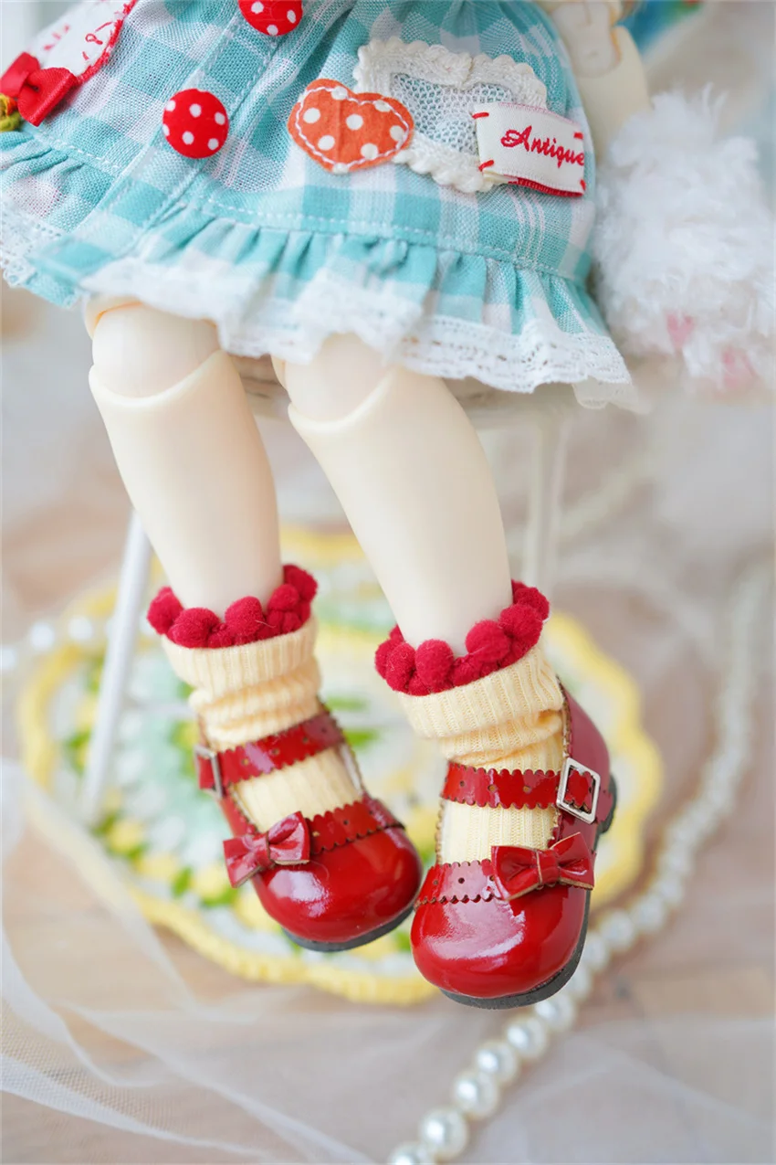 BJDドールシューズ 1/6 ガールズ ラウンドトゥ サイドリボン 光沢 レッド ピンク ホワイト 木目底 小さな革靴 ギフト ドールアクセサリー