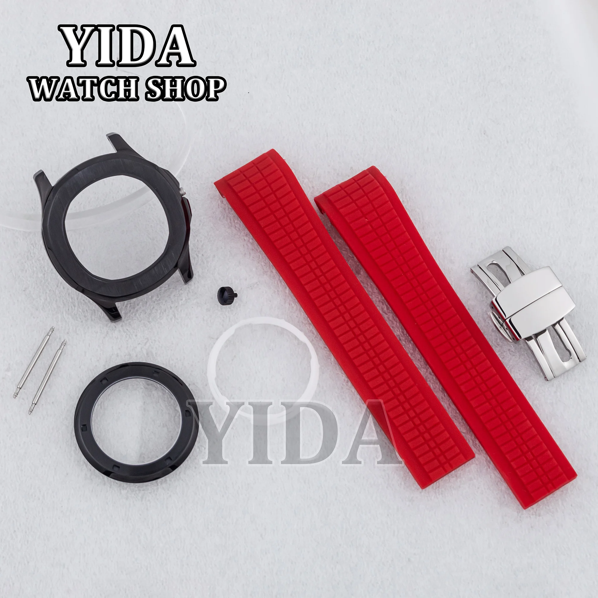 수정 시계 액세서리 세트, PVC 블랙 케이스, 사파이어 유리 색상 고무 가죽 스트랩 밴드, NH36 무브먼트용, 42mm NH35