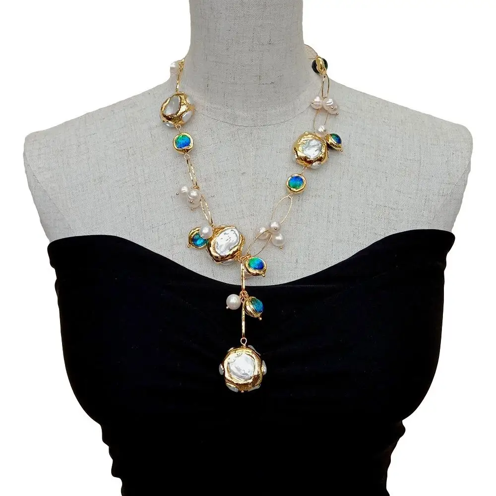 YYGEM hot sale ! Blue Murano Glass 10-11mm  Freshwater Cultured 27mm White Keshi Pearl Gold Filled Chain Necklace 21