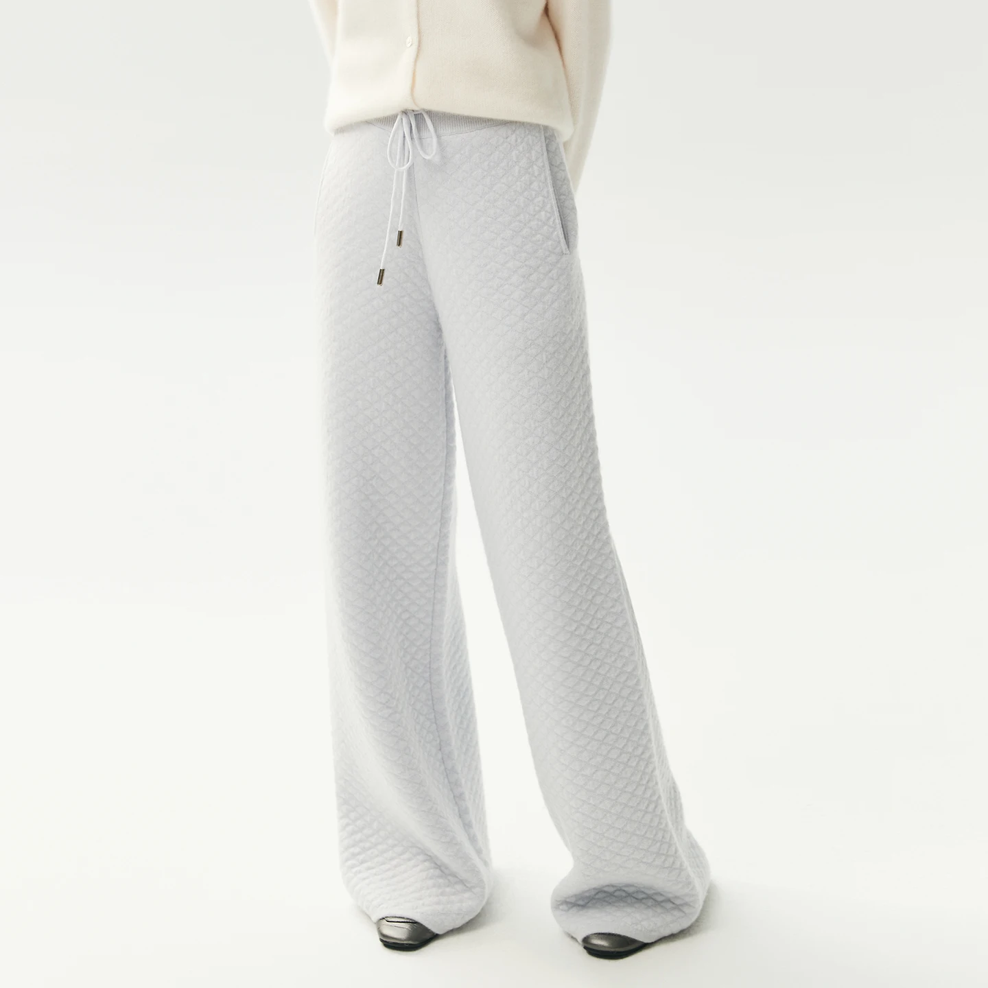 Chic Wide Leg Pants Women's Pants 100% Cashmere Autumn Winter Thickened Warm Knitwear Trousers Diamond Pattern Drawstring Pants