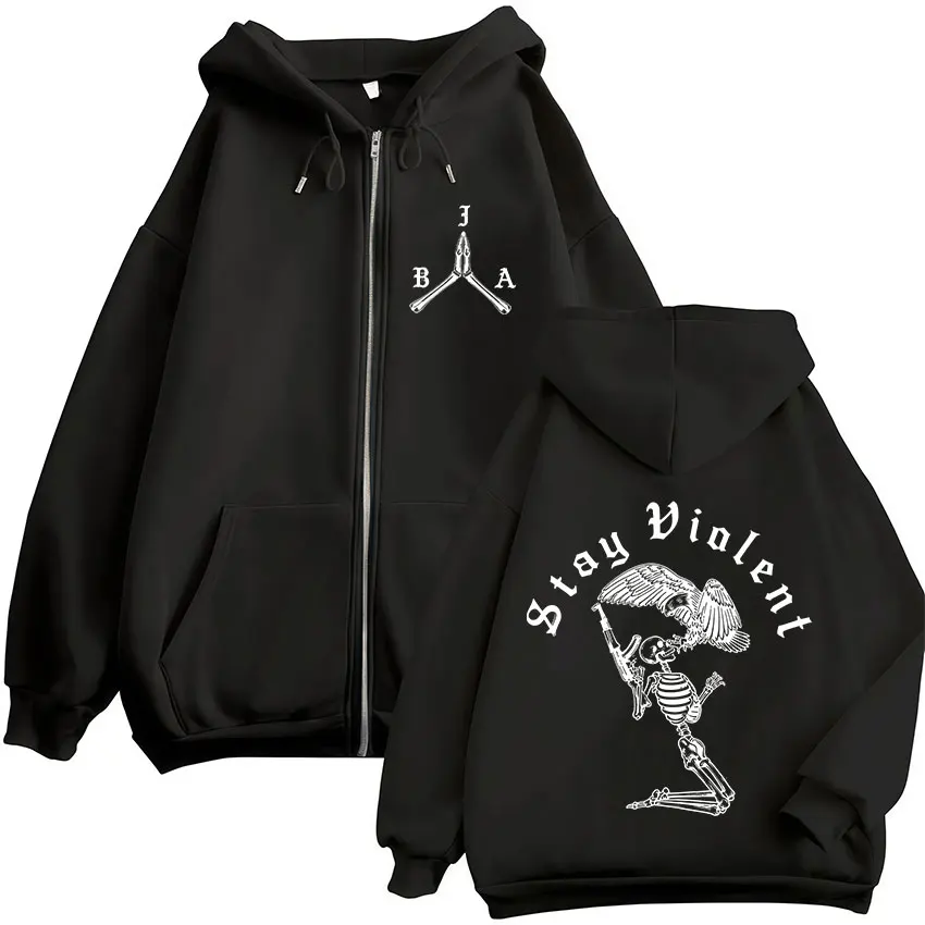 Stay Violent Brothers in Arms Skelett-bedruckte Kapuzenpullover mit Reißverschluss für Herren und Damen, Kapuzenpullover mit Reißverschluss, Vintage-Pullover, Jacken, Mäntel – Detail 2