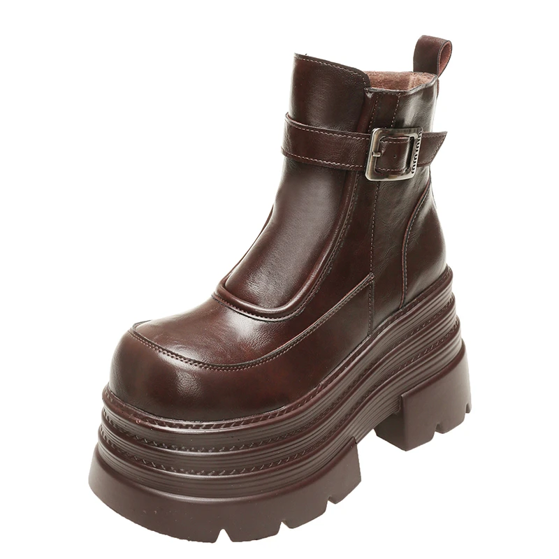 

Women's High Platform Motorcycles Boots Winter 10CM Wedge Heels Warm Ankle Boots Chunky Sneakers New Autumn Leather Shoes Woman