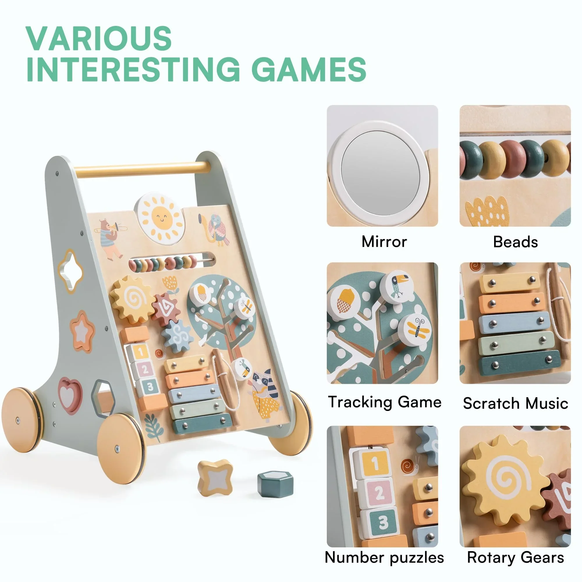 Robotime Robud Wooden Baby Walker with Wheels Montessori Push Toys for Babies Learning to Walk Baby Walkers Activity Center