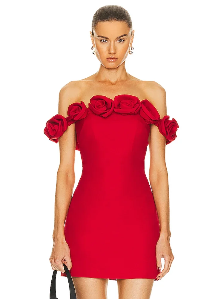 Women\'S Elegant Dresses Off Shoulder Patchwork 3D Rose Flower Beautiful Sleeveless High Waist Red Bandage Mini Dress