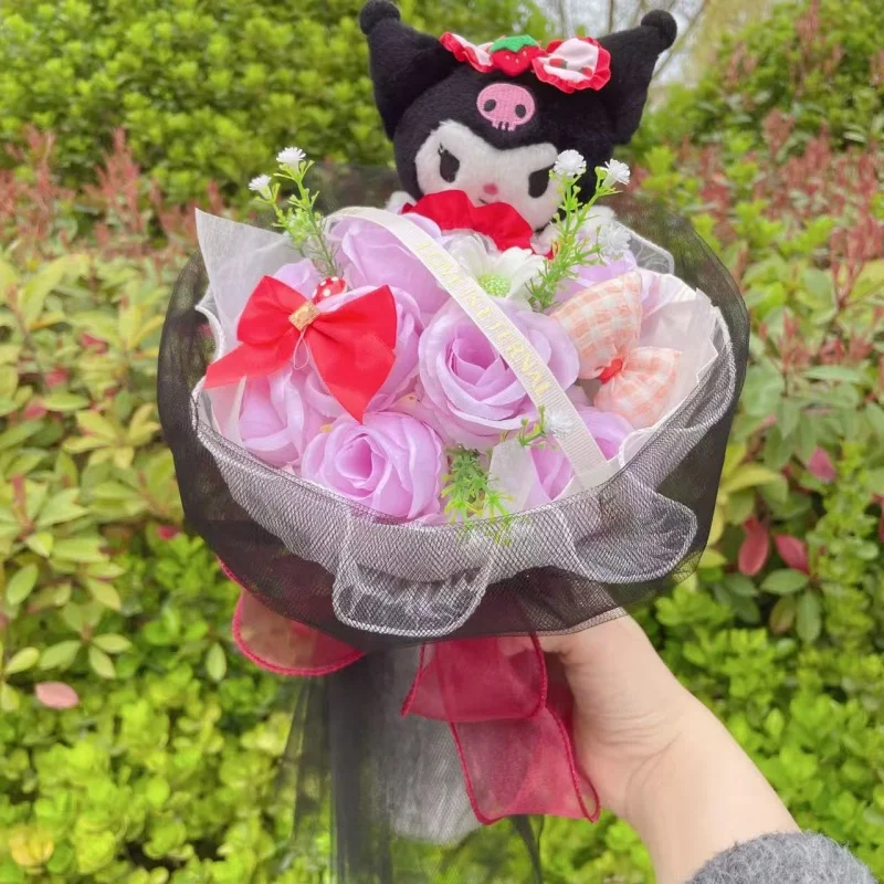 Cute Sanrio Plush Dolls Hellokitty With Artificial Flower Creative Bouquet New Year Birthday Valentine Christmas Graduation Gift