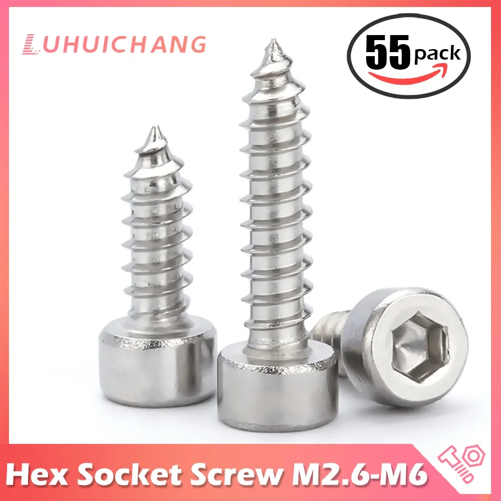 20/55pcs M2 M2.5 M3 M4 M5 M6 Hexagon Hex Socket Cap Head Self Tapping Screw 304 Stainless Steel Allen Head Screw for Speaker