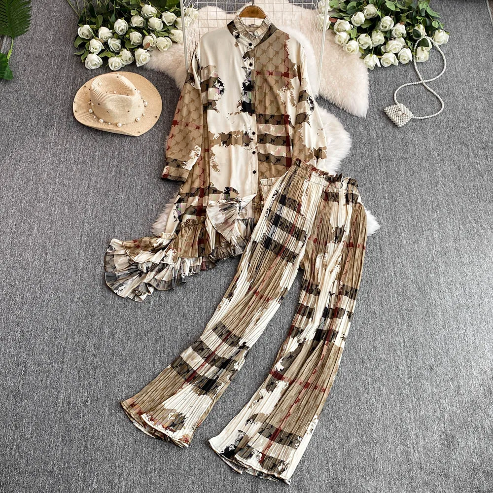 Fashion Suit European American Long Sleeved For Women Loose Irregular Print Shirt Two-piece Set High Waist Flared Pleated Pants