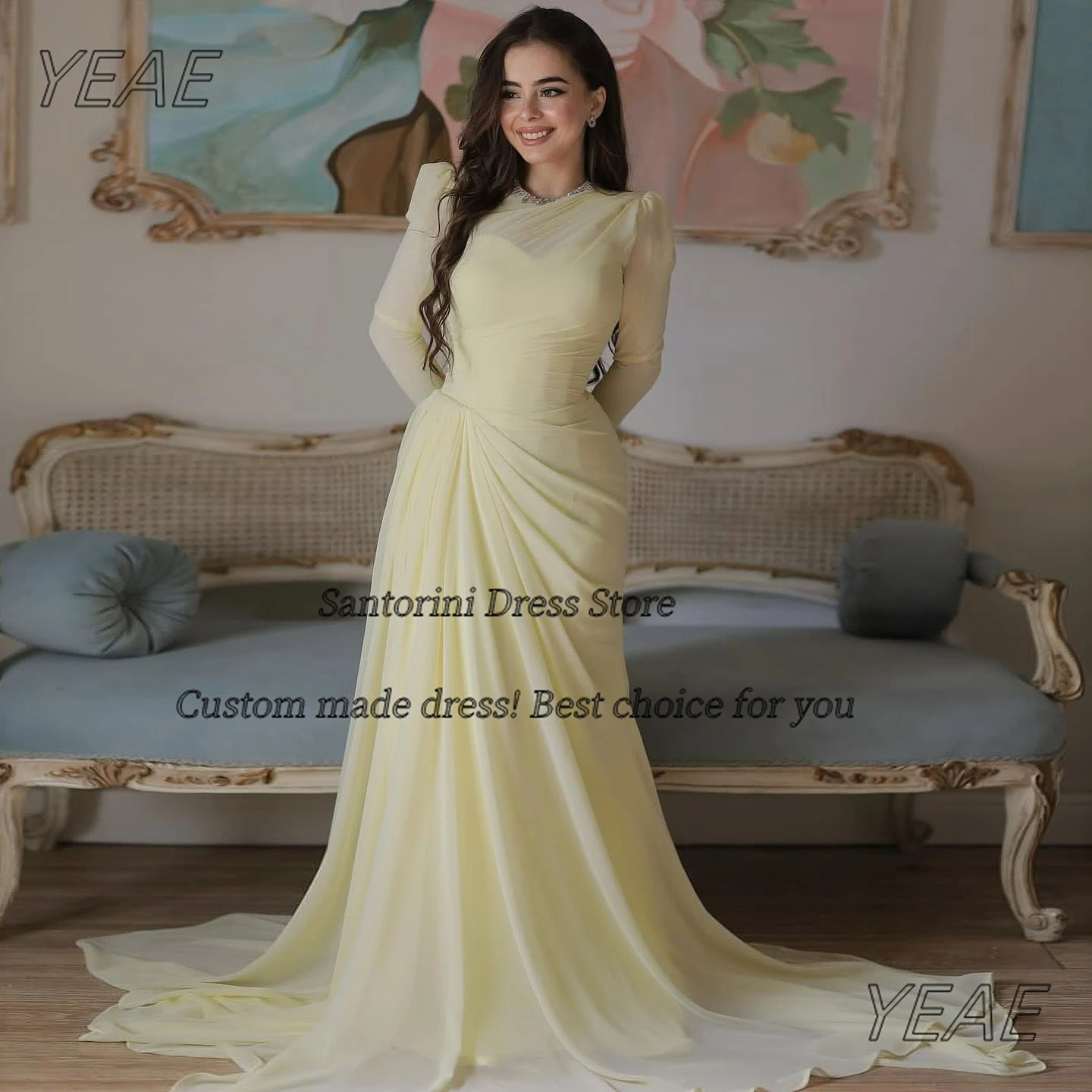 Santorini Evening Dresses Saudi Women Wear Long Sleeves Prom Dress Ruched Sweep Train Vestidos Des Noches Customized