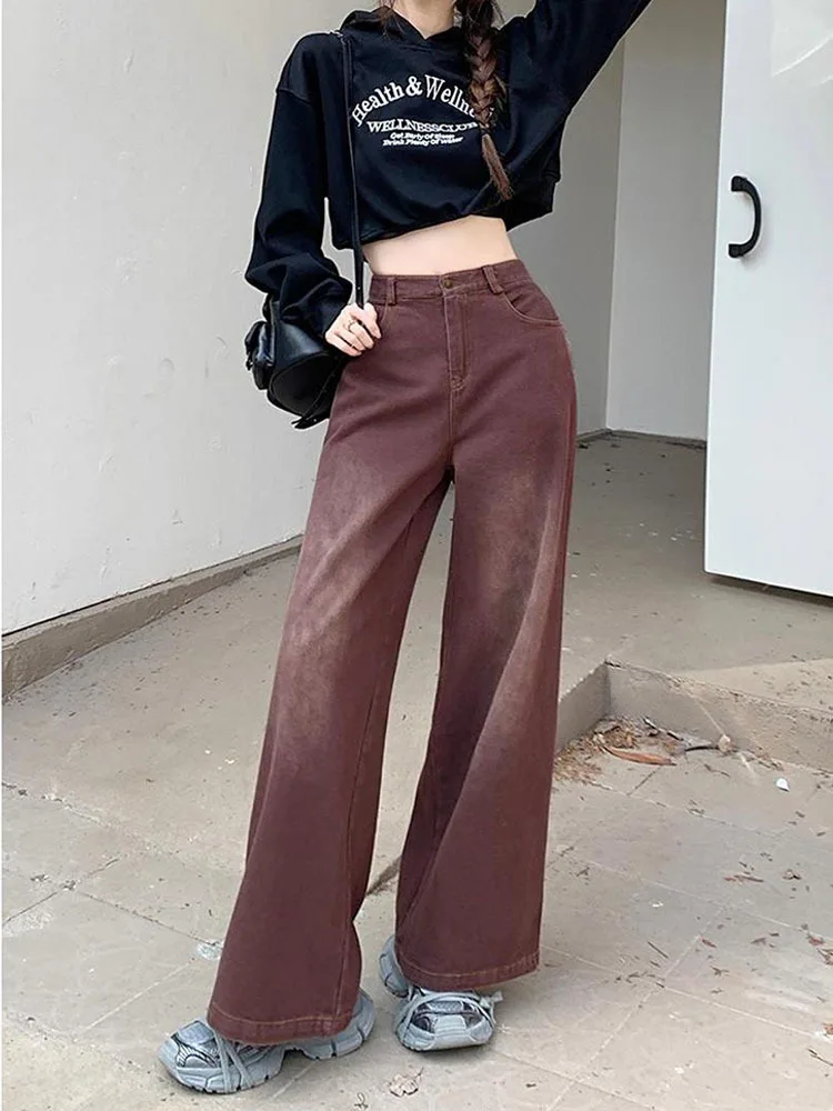 Fashion High Waist Brown Jeans Women New Design Street Wide Leg Pants Coquette Trousers