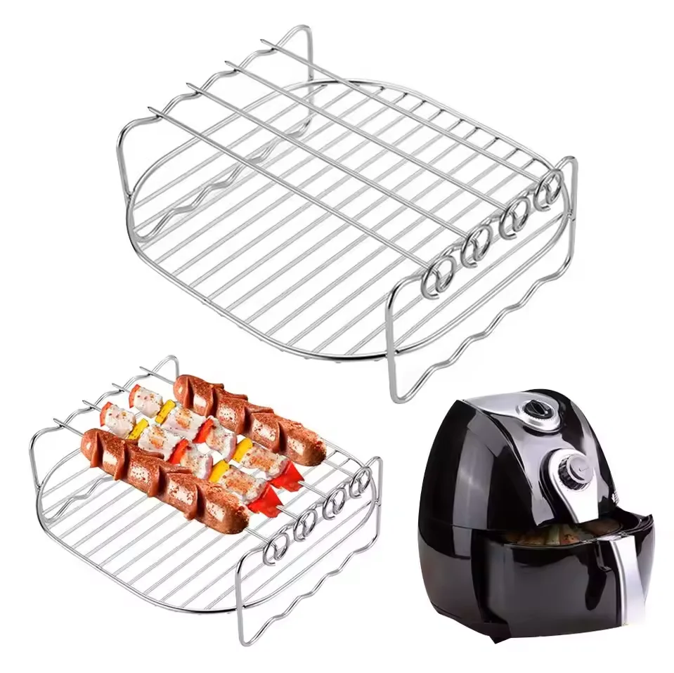 

Baking Tray Skewers Air Fryer Stainless Steel Holder BBQ Rack Double Layer Grill Baking Tray Replacement Barbecue Kitchen Tools