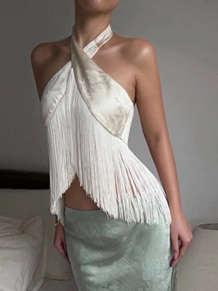 Elegant Printed Satin Tassel Patchwork Vest Sleeveless Halter Neck Backless Cross Wrap Cropped Tops 2026 Summer Women Outfits