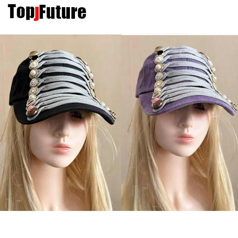 Subculture Y2K Girl Women's Purple Baseball Cap with Pearl Embellishments Unique Steampunk Military Inspired Hat  American Retro