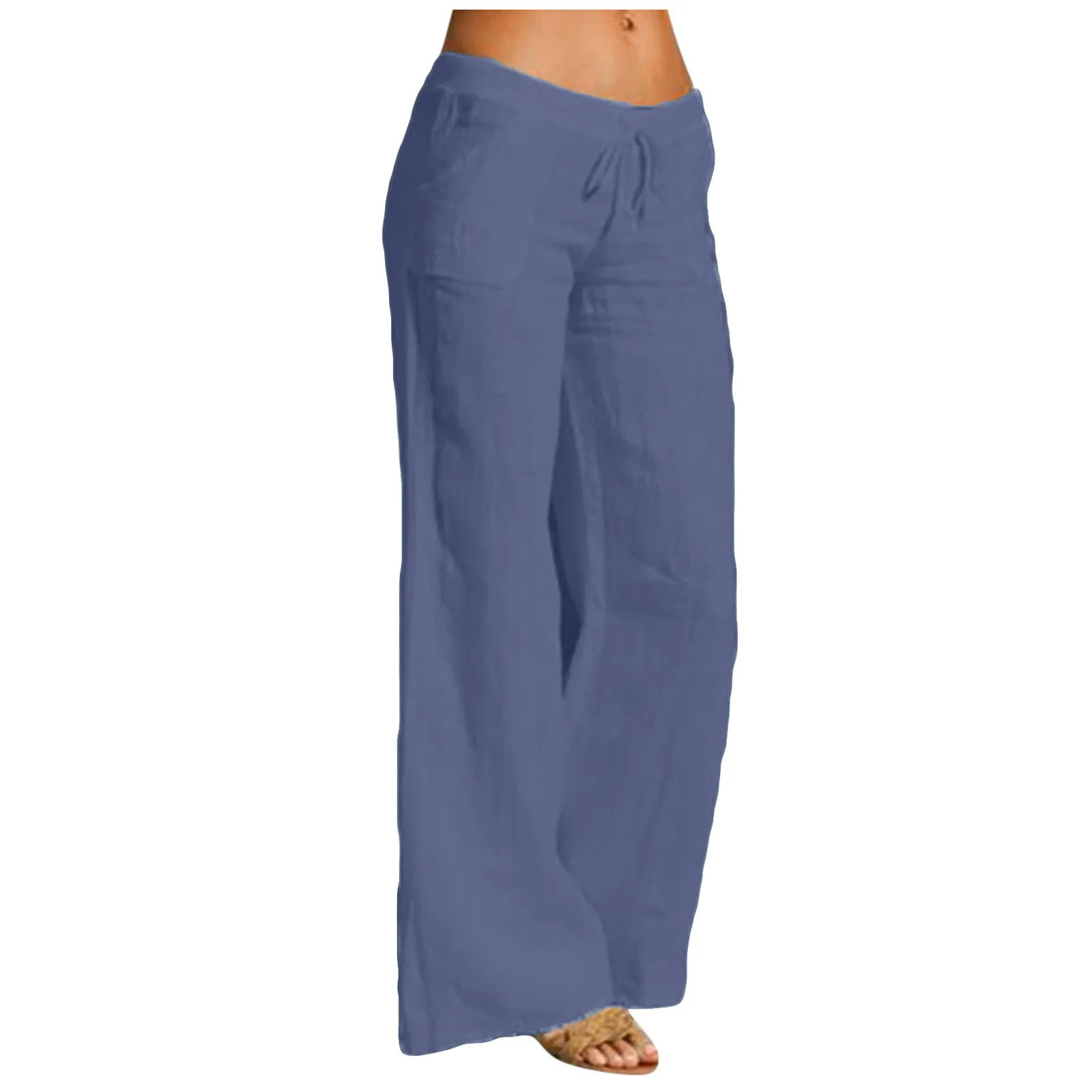 Spodnie damskie Casual Solid Cotton Linen Elastic Waist Drawstring Long Wide Leg Pant Spodnie damskie z szerokimi nogawkami Spodnie damskie dla