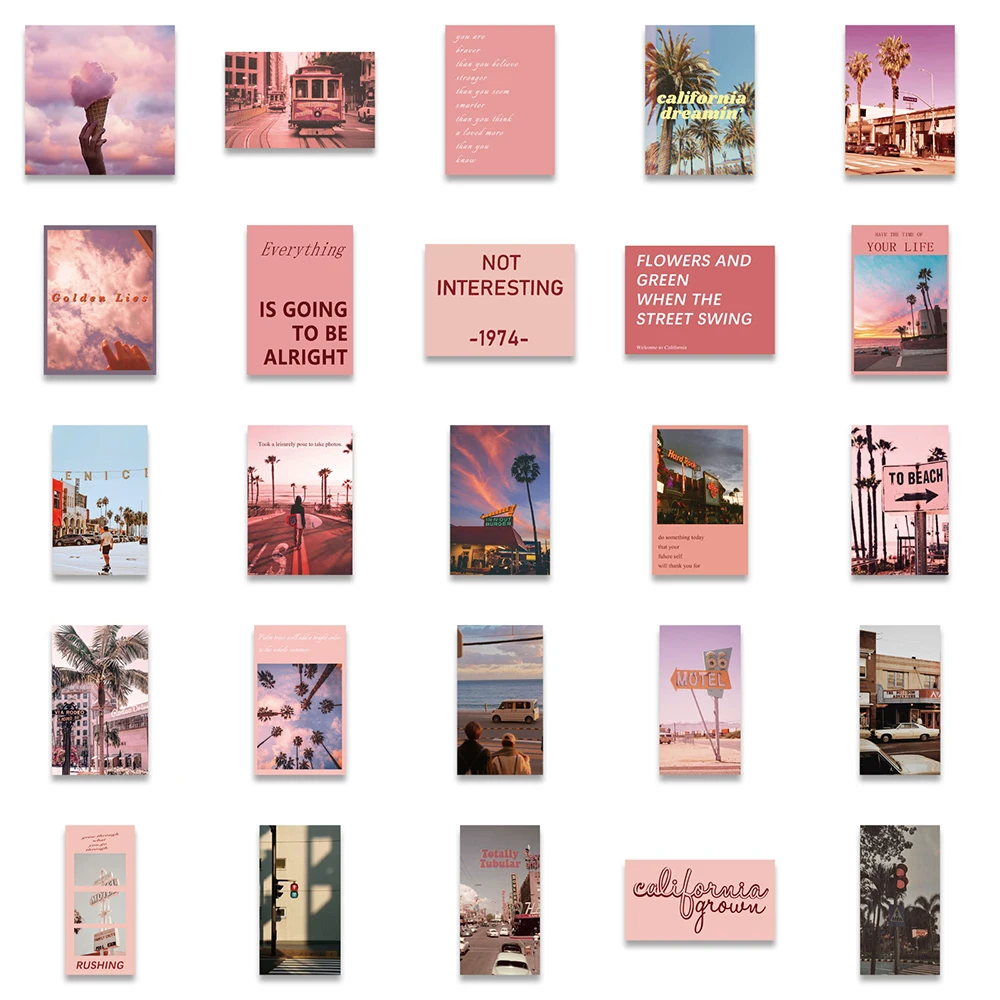 10/30/50pcs California Landscape Street View Pink Stickers Aesthetic INS Style Decals For Phone Laptop Luggage Suitcase Kids Toy