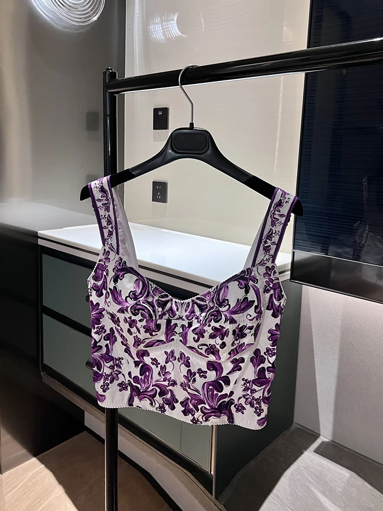 

Spenneooy Summer Fashion Vintage Pattern Print Cotton Spaghetti Strap Tops Women's Party Sexy Short Style Slim Tops