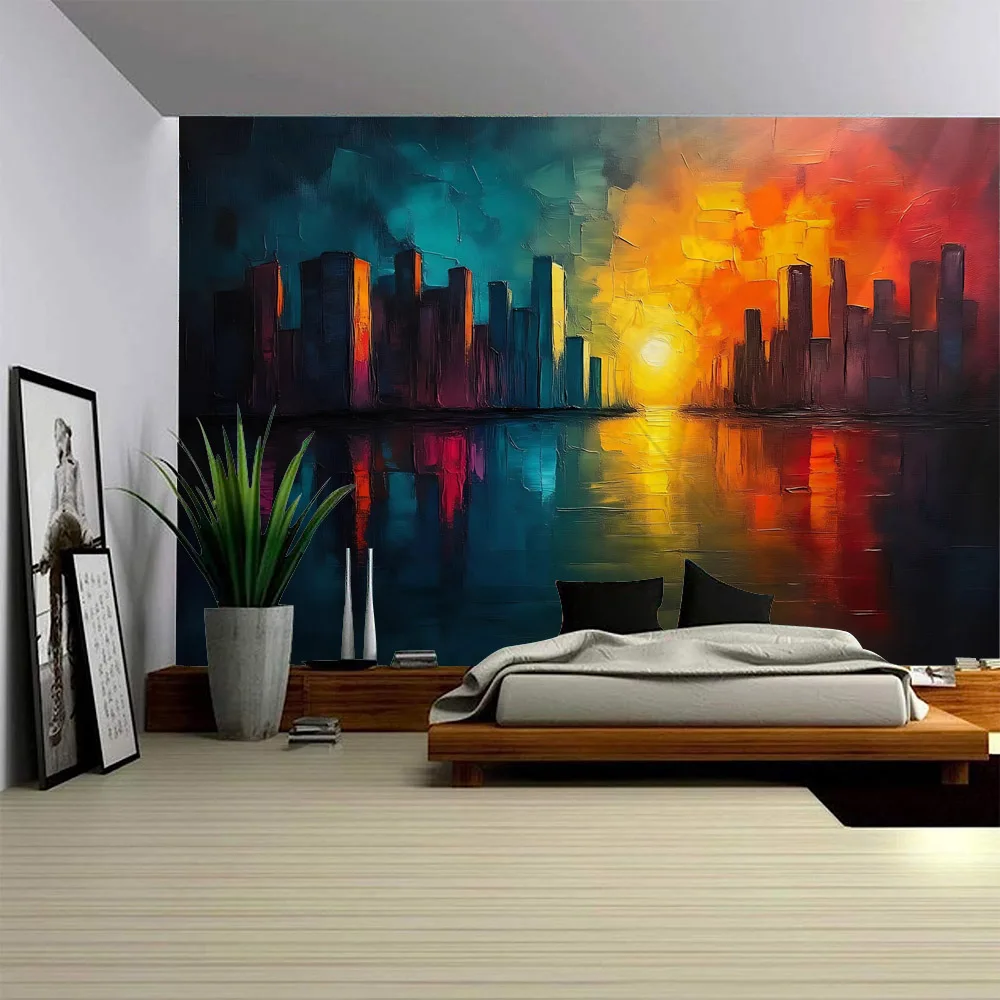 Colorful Starry Sky Urban Landscape Oil Painting Tapestry Wall Hanging Poster - Decorative Background Wall Cloth