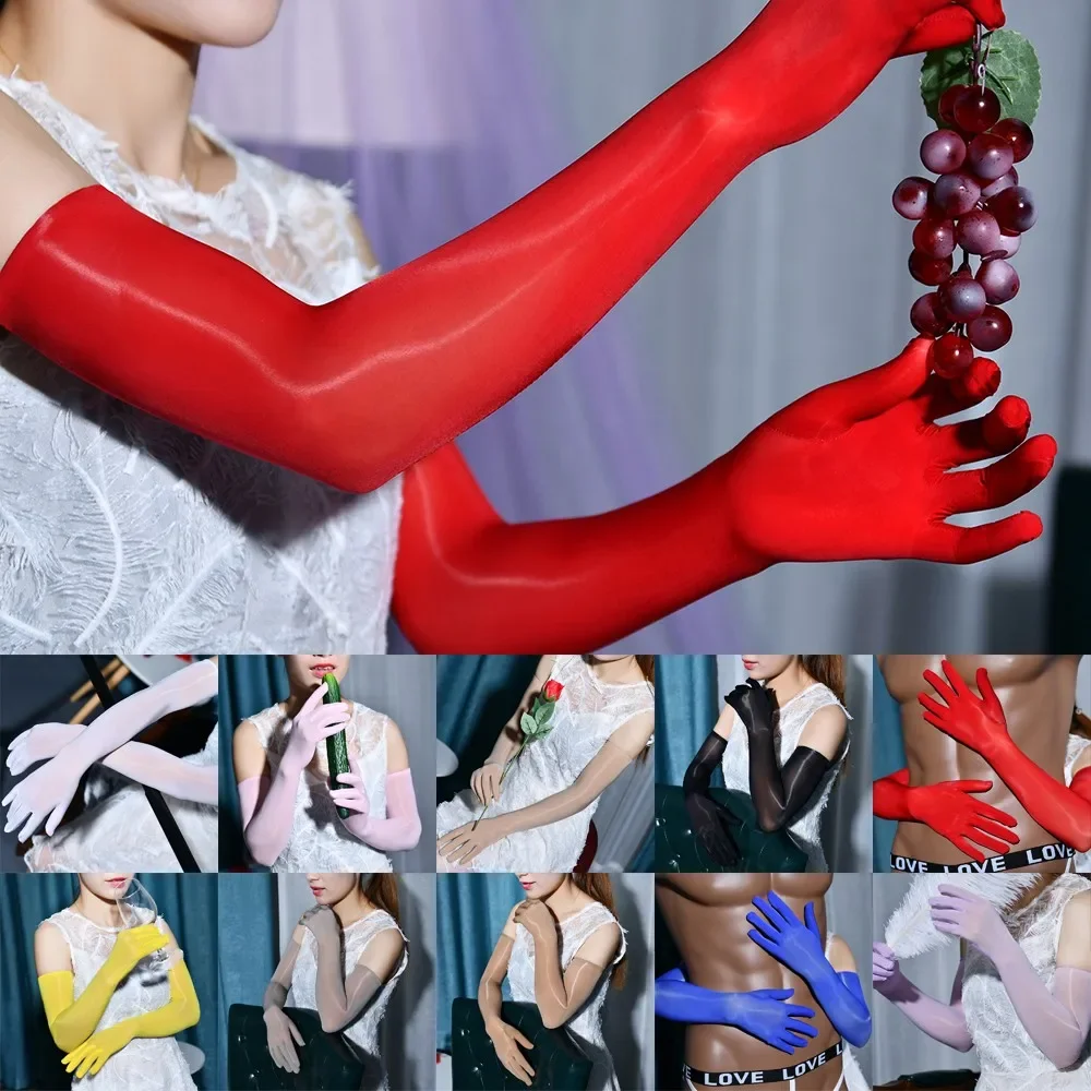 Women Smooth Sheer Shiny Seamless Long Gloves Party Ladies Bridal Tights Stockings See Through Gloves Long Finger Mittens