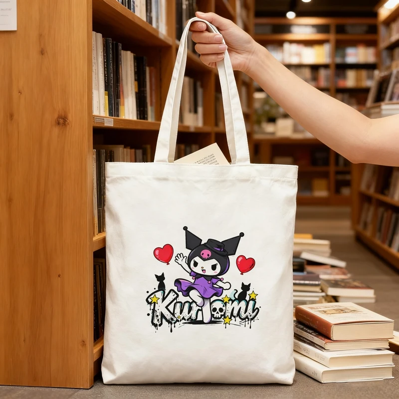 

Kuromi Canvas Tote Bag, Y2K Gothic Graffiti Style Cartoon Print Large Capacity Shoulder Bag Shopping School Bag