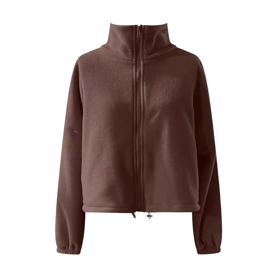 

2025 New Female Stand Up Collar soft Comfortable Cashmere Autumn Outwear zip Cropped Jacket Femme Crop Tops