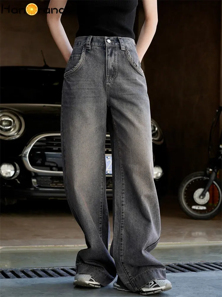 HanOrange 2024 Summer Vintage Personalized High Waist Wide Leg Jeans Women Casual Denim Pants Female Rust