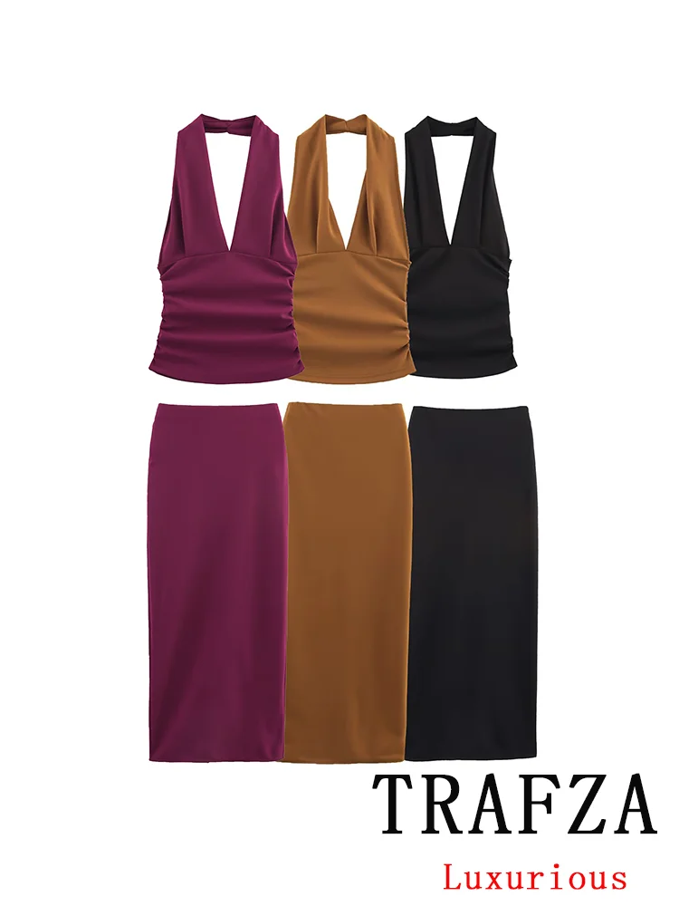 

TRAFZA Vintage Casual Solid Chic Women Suit Halter Sleeveless Folds Backless Top Elastic Skirt Fashion 2025 Spring Summer Sets