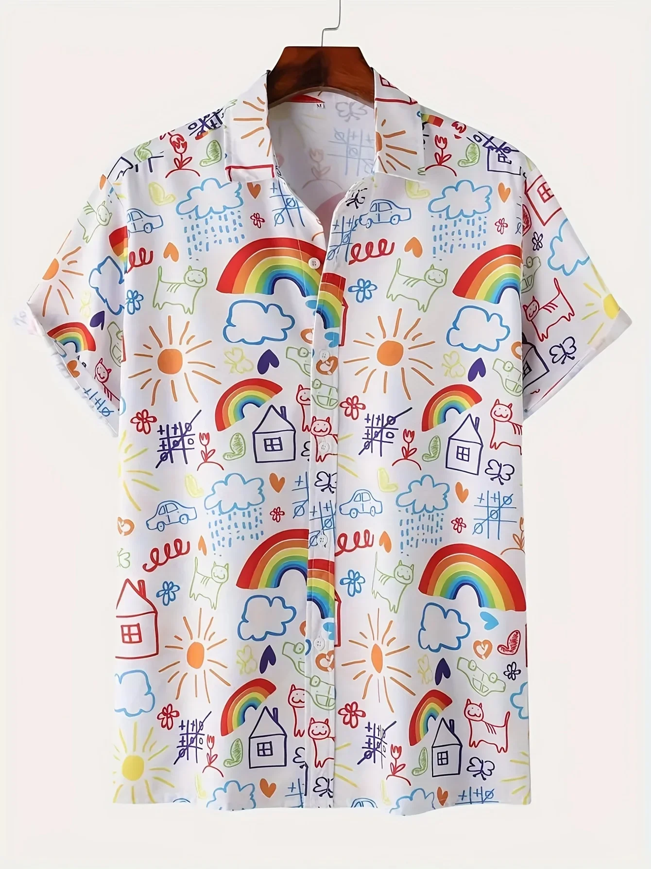 Cute Doodle Rainbow Print Hawaiian Shirts Men Summer Beach Vacation Short Sleeve Lapel Button Down Casual Oversized Tops