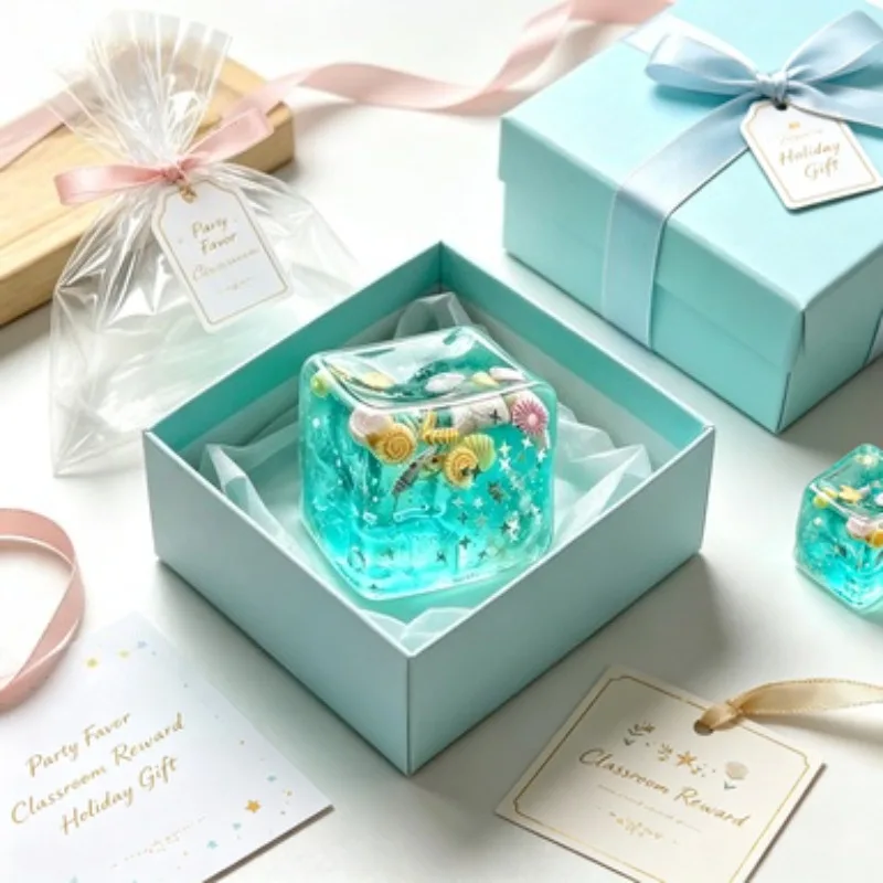 Ocean Gel Cube Squishy Fidget Toy Stress Relief Sensory Toy Starfish Shell Filled Clear Squeeze Toy