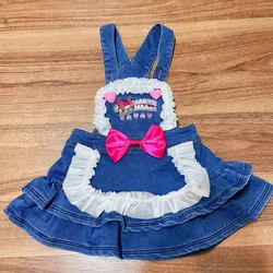 Sweet Lolita Style Denim Suspender Dress Women Kawaii Lace Patchwork Cute Bow Strap Skirt Y2k Party Ruffles Mini Dresses