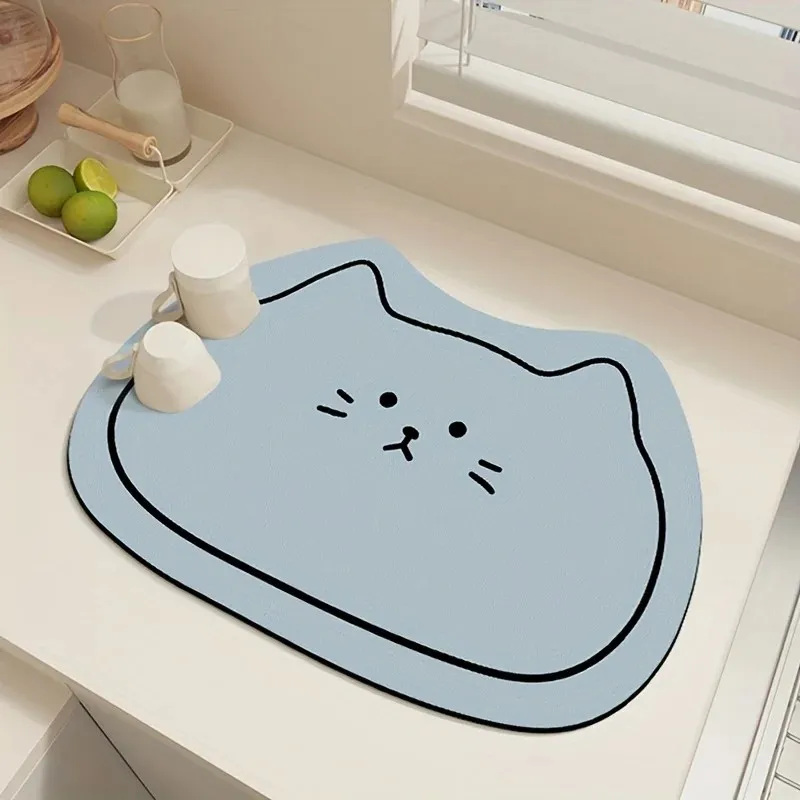 VIKAMA Wood Grain Cartoon Cat Drying Mat, Cute Ins Style Water Absorbent Non‑Slip Home Bar Mat