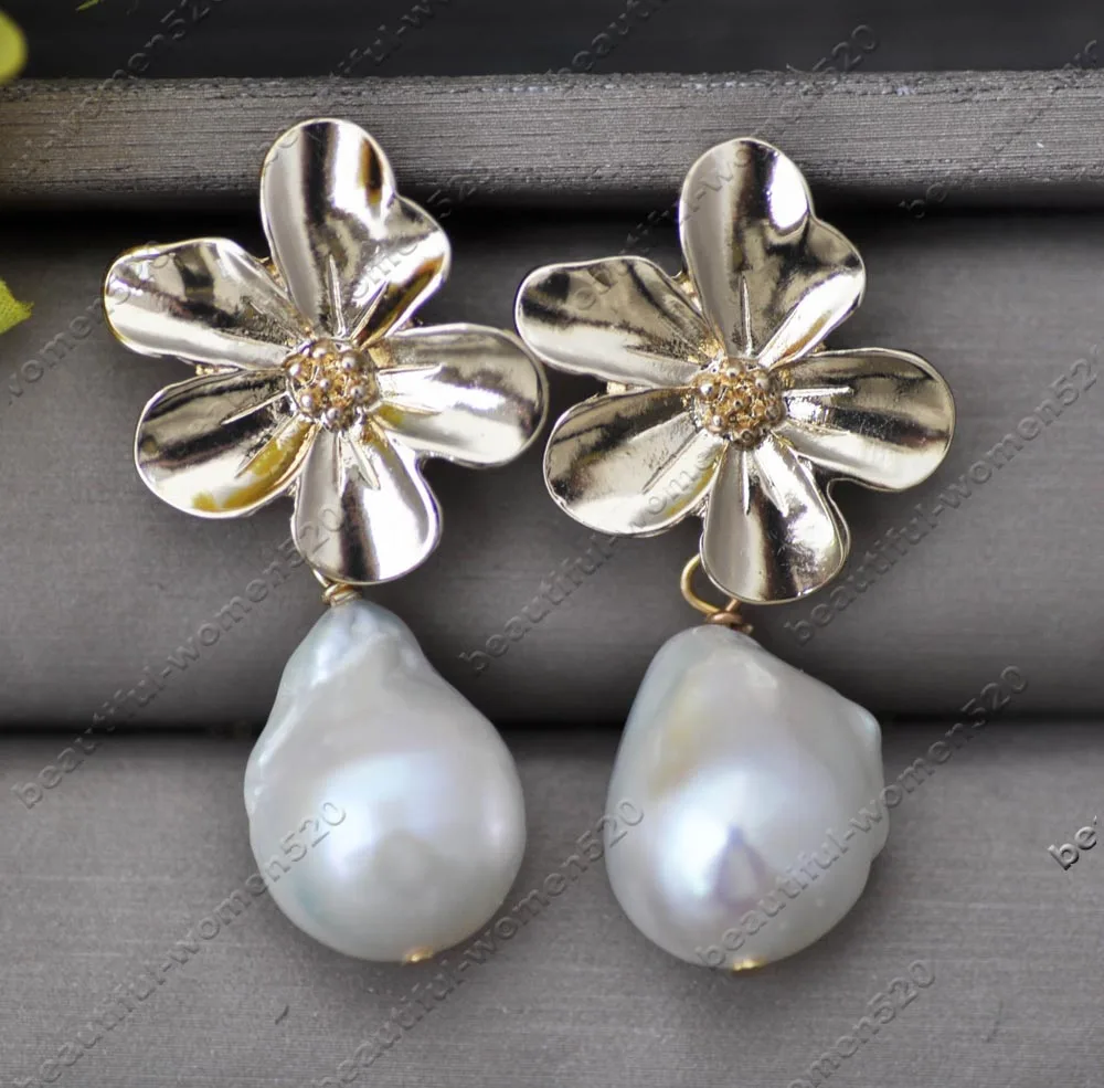 MTC·STAR Z13365 Handwork Gilded Five-petaled Flower 17mm White Baroque Drop Keshi Pearl Dangle Earring Jewelry