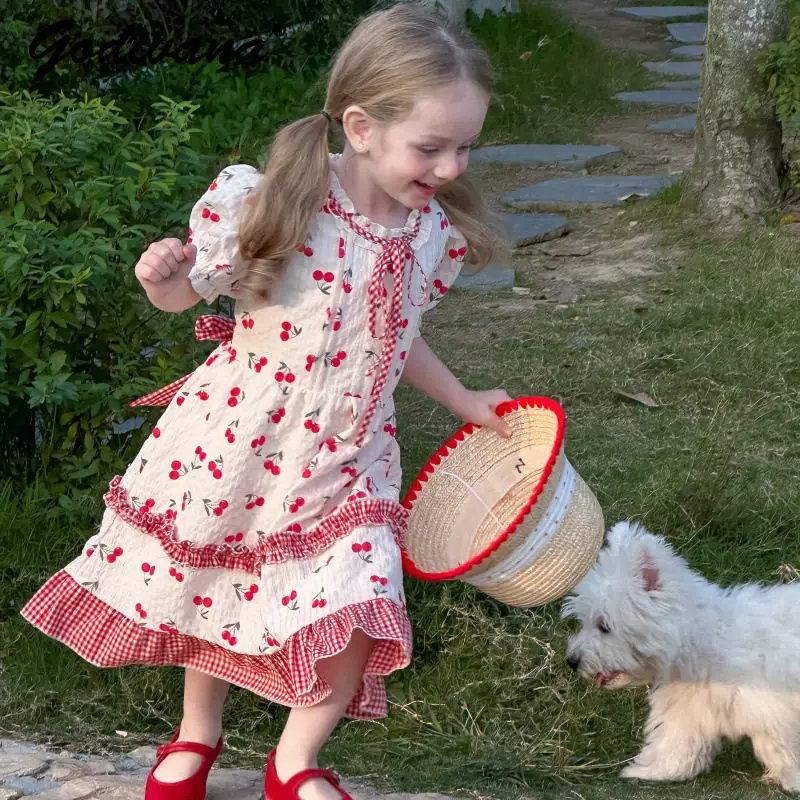 

Baby Girls 2026 Summer New Sweet Floral Dress Cute Kids Korean Fashion Puff Sleeve Ruffle Trim Plaid Patchwork Princess Dresses