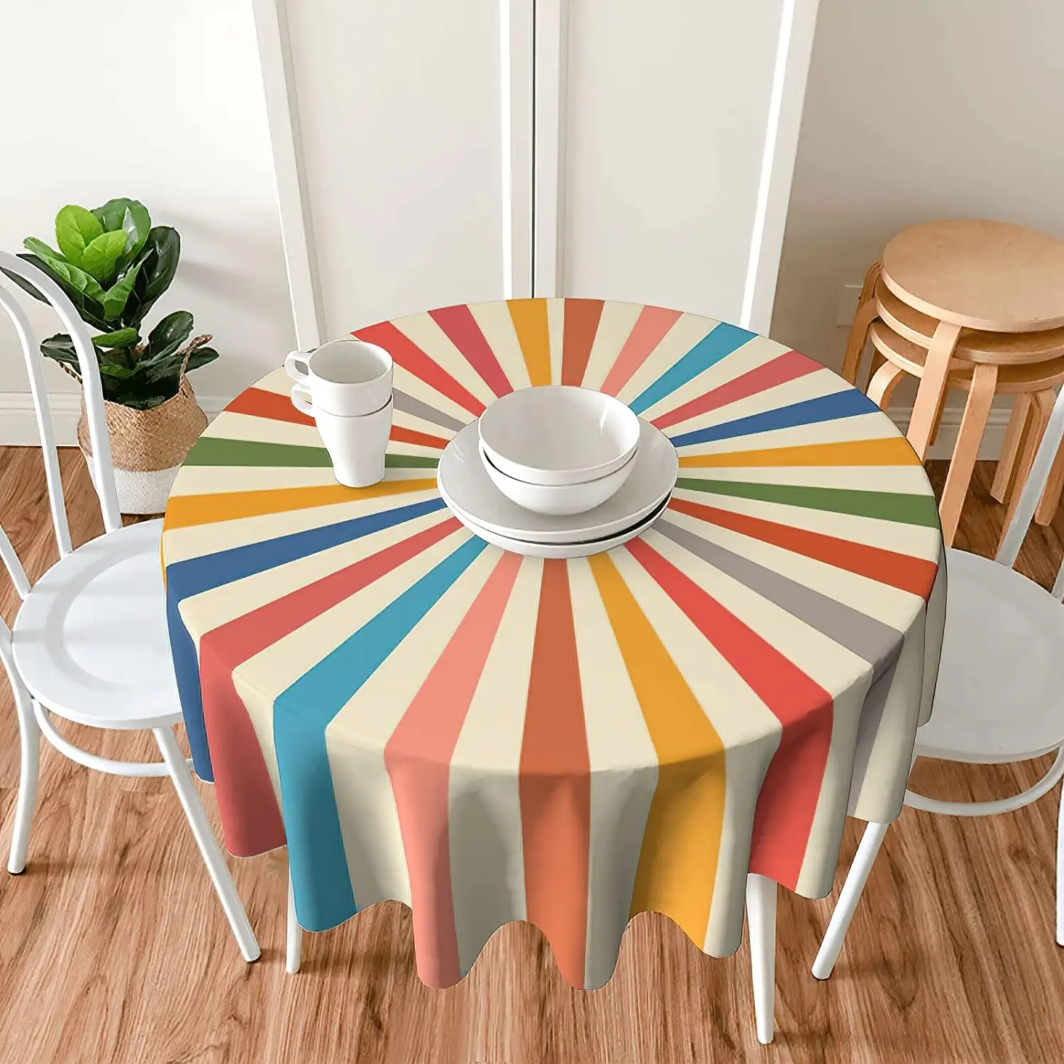 Colorful Boho Farmhouse Tablecloth Round 60 Inch Cream Vintage Sun Rainbow Stripes Rustic Bohemian Washable Table Cloth Covers