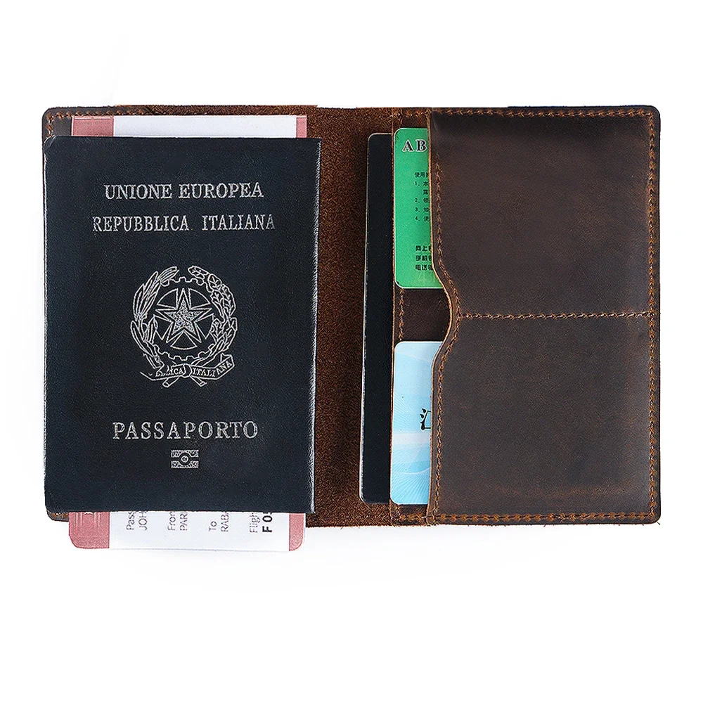 New Arrivals Genuine Crazy Horse Leather Passport Cover Solid Credit ID Card Case Holder Business Unisex Travel Wallet