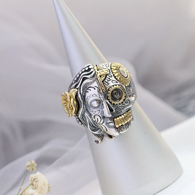 

Authentic 925 Sterling Silver Ring Classic Nostalgia Retro Punk Style Skull Open Ring Unisex Fashio Tide Flow Party Jewelry