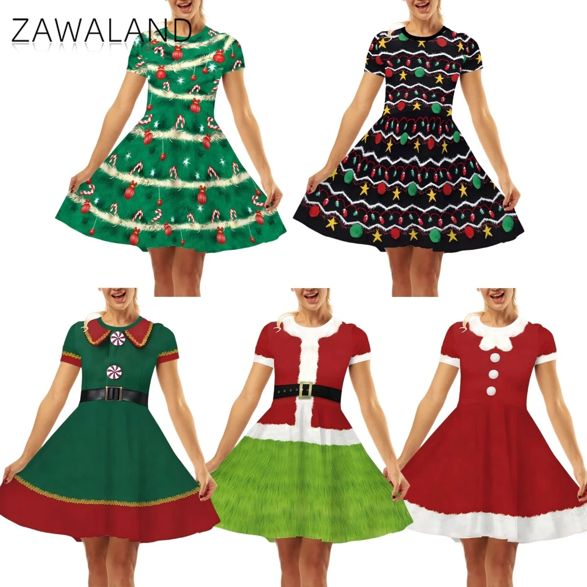 

Santa Cosplay Dresses For Woman Christmas Tree Printed Short Sleeve Dress Stage Performance Costume Xmas Festival Party Clothing