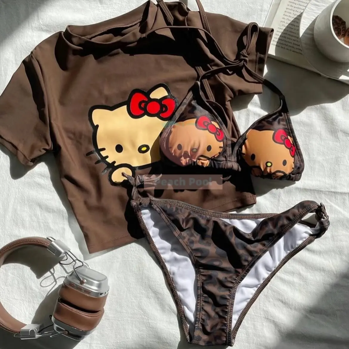 

3Pcs Hot Sanrio Hello Kitty Bikini Sale Cute New Swimsuit Soft Cartoon Print Creativity Holiday Gifts Comfortable Girl Beachwear