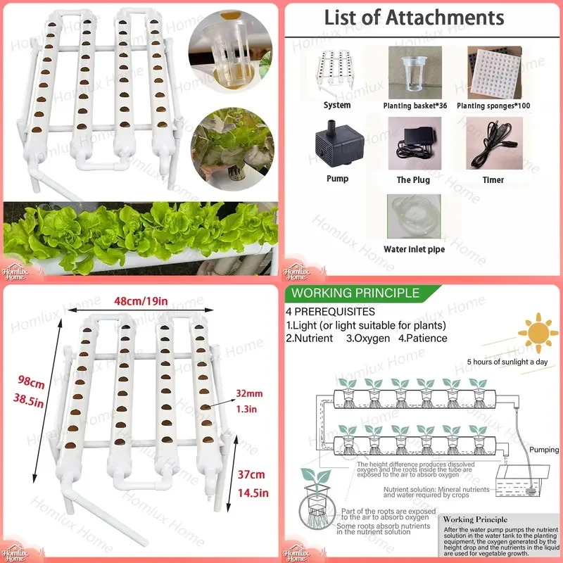 36 Site Hydroponics Growing System Kit U PVC Pipe Soilless Garden for Vegetables Herbs Lettuce Tomatoes Indoor Outdoor