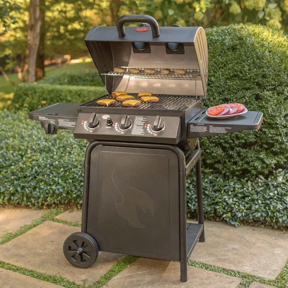 

3-Burner Propane Gas Grill in Black with 40,800 BTU, Cast Iron Grates and Warming Racks, 630 Cooking Square Inches, Model E3001