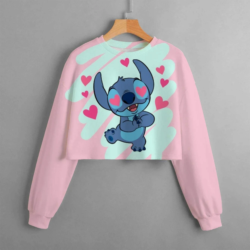 2024 New Girls Hoodie Disney Lilo & Stitch Pattern 3d Printing Cartoon Printing Casual Wear Ultra Short Hoodie Long Sleeve Top