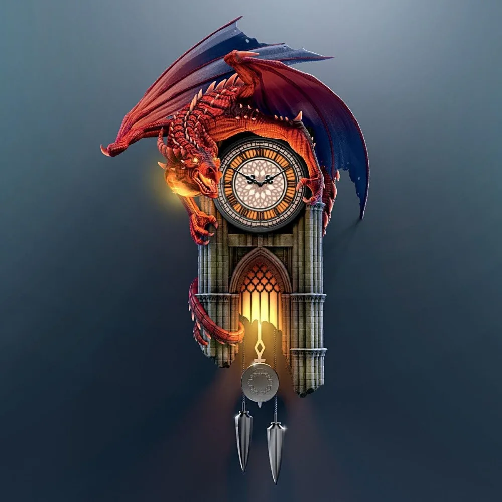 Sculptural Dragon Wall Clock with Gothic Cathedral Case Lights Up and Roars