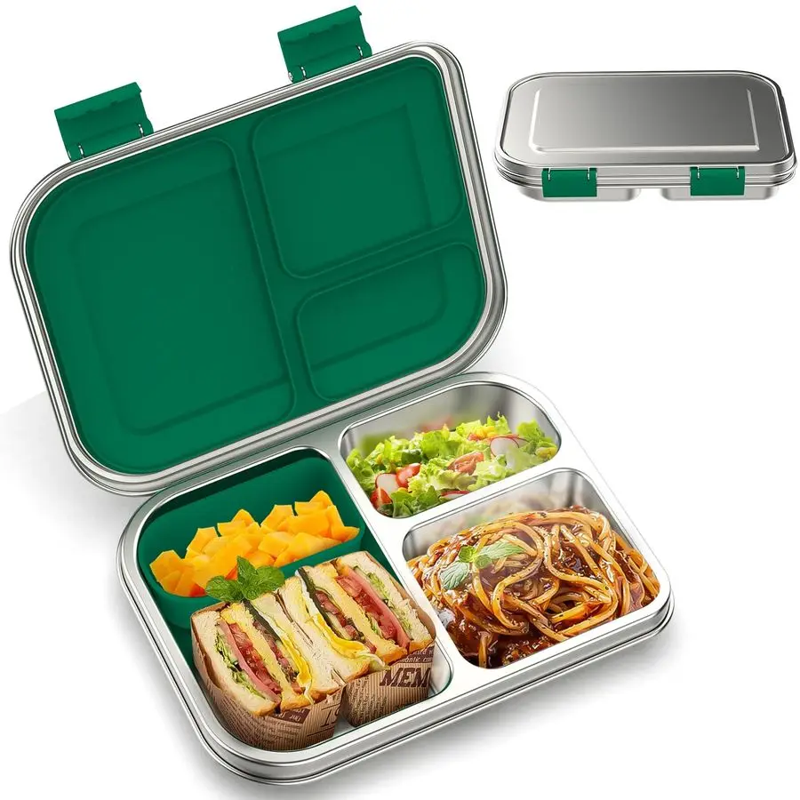 

Steel Kids LeakResistant Bento Lunch Box, 3Compartments with Silicone Container, DishwasherSafe, ChildFriendly Design for School