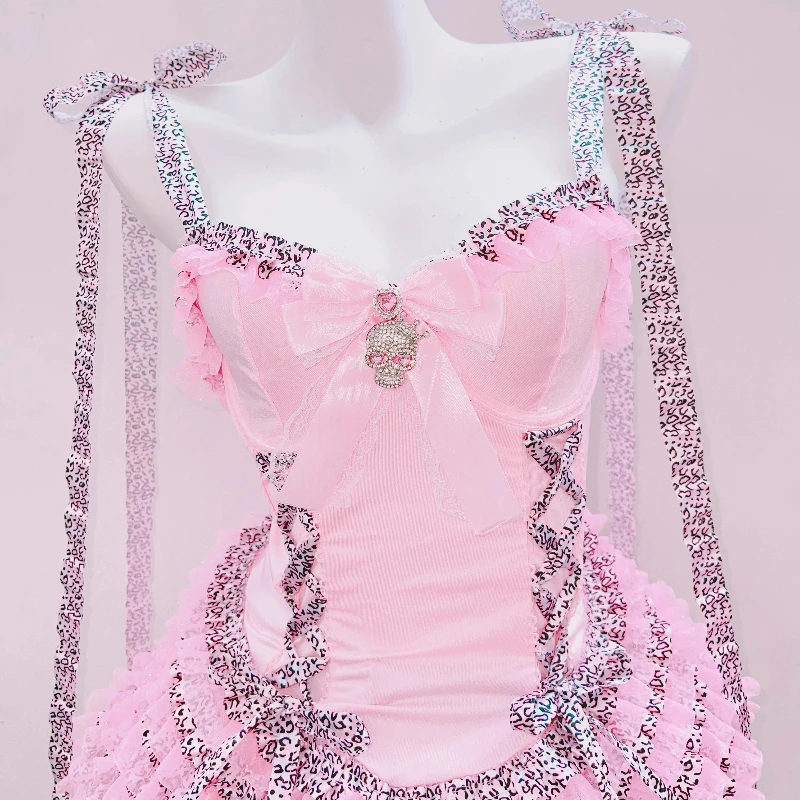 オリジナルデザイン スイートクール ピンクのリボンレーススプライシング レディースキャミソールワンピース 2025秋新作 ガールズ パフスリーブ フェアリードレス レディース