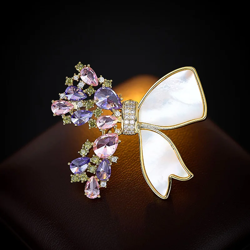 Chinese Style Lucky Auspicious Natural Sea Shell Pink Purple Zircon Bowknot Brooch Elegant Luxury Pin For Suit Qipao Coat Party